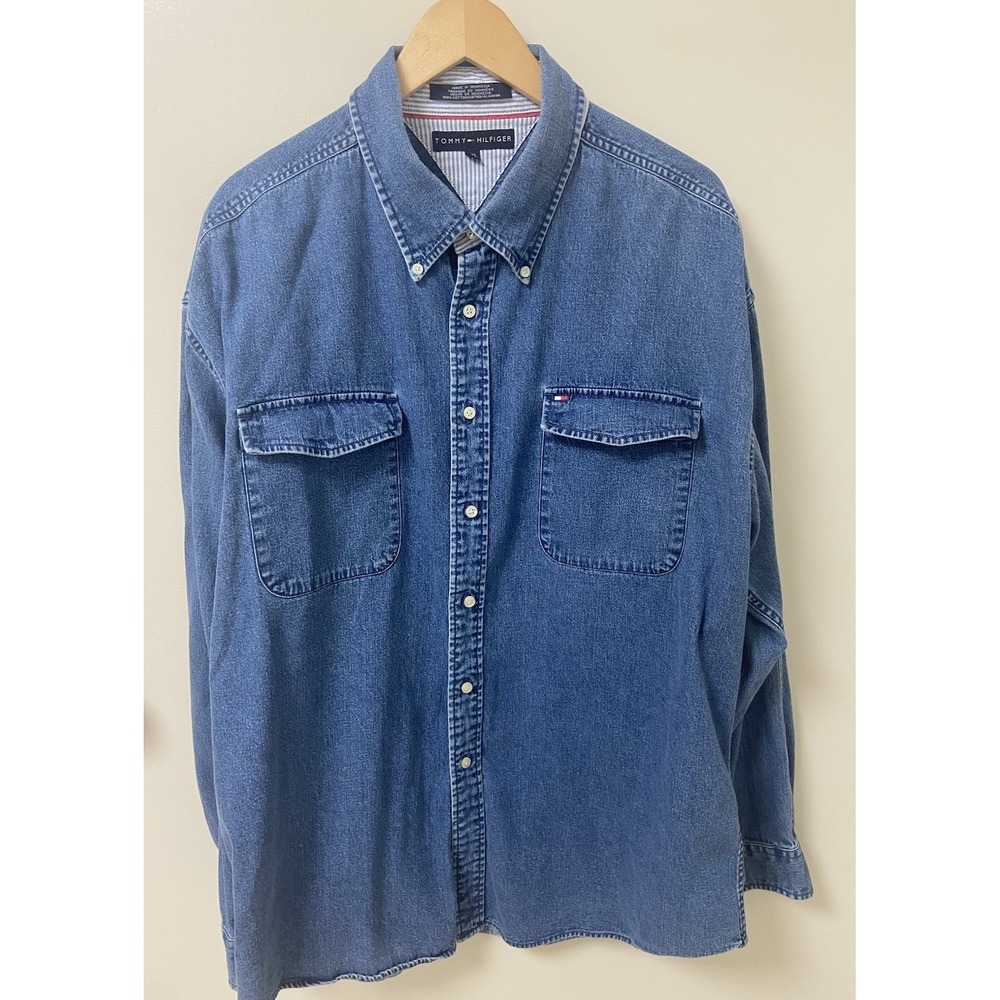 Vintage Tommy Hilfiger Shirt Mens XXL Blue Denim Long Sleeve Button Up Down Y2K